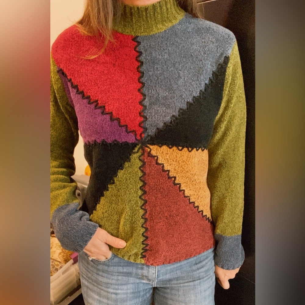 Vintage 90s chenille patchwork sweater - image 1